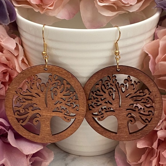 Boho Hand Carved Round Wood Tree of Life Earrings - Picture 3 of 8